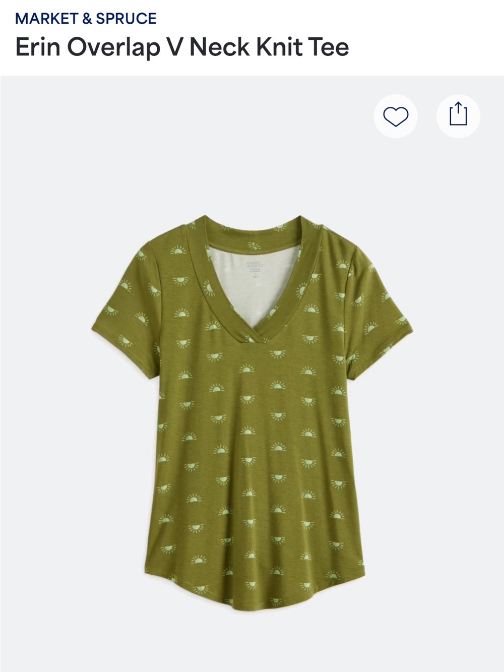 Market & Spruce Olive V‑Neck Tee with Light Green Sun Motif
